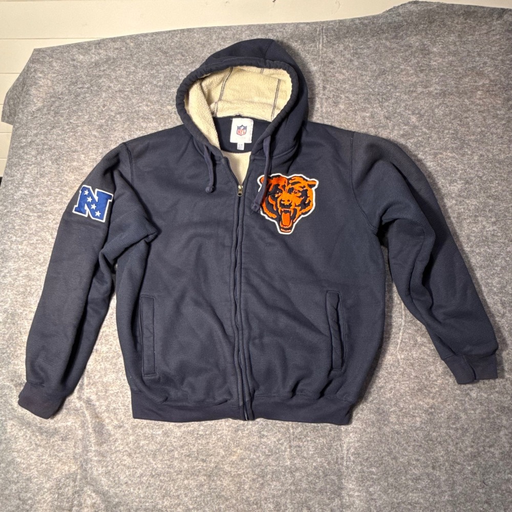 NFL Chicago Bears Hoodie Mens XL Navy Blue Sherpa Lined Waffle Knit Full Zip